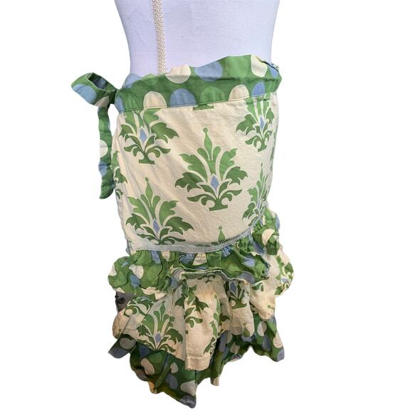 Ruffle Trim Half Apron yellow and green print - Picture 3 of 5